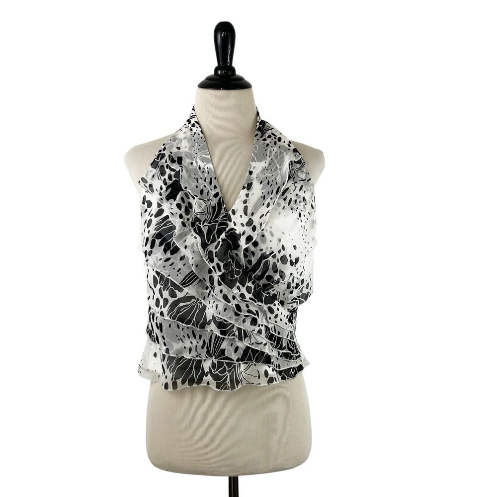 TADASHI Vintage 100% Silk Ruffle TOP Sleeveless Halter 8 Petite Black White Y2K